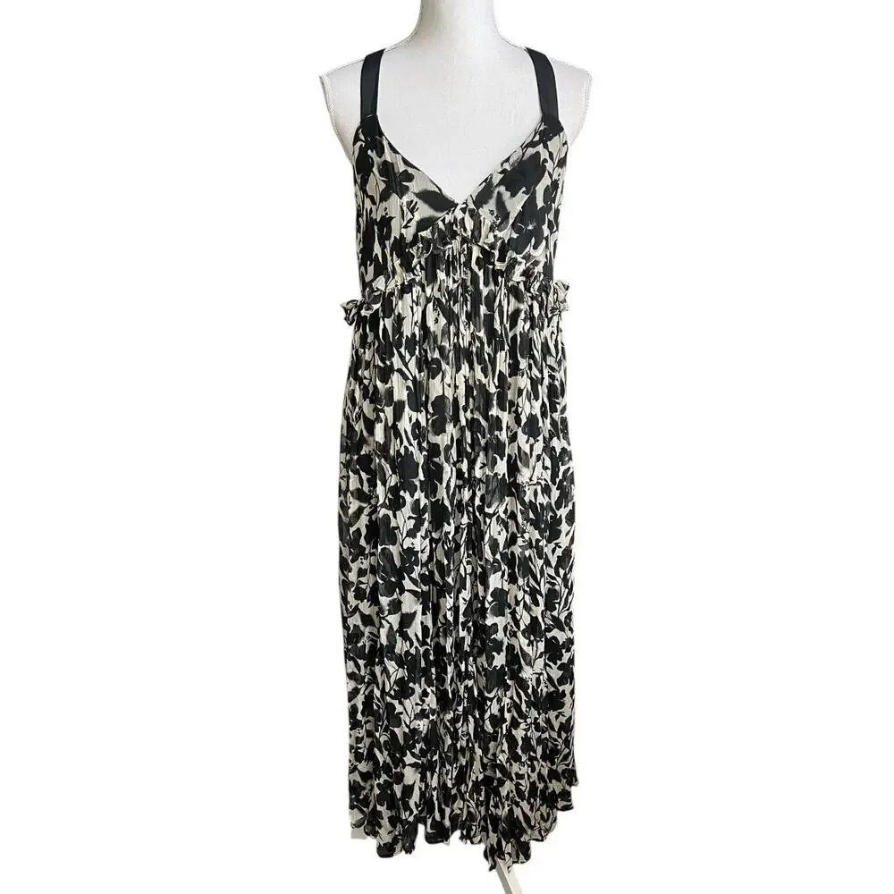 J.Crew collection chiffon ruffle trim maxi dress black & cream floral flowy 14